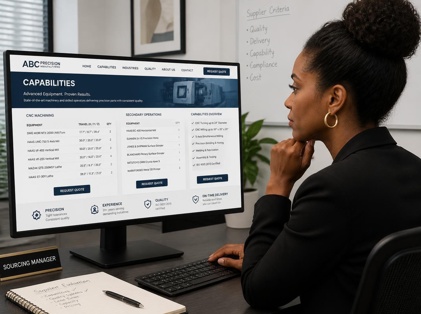 Black woman Sourcing Manager analyzing a manufacturers Capabilities webpage on computer screen, detailed equipment lists visible, clear Request Quote buttons, professional office setting, modern interface design, b