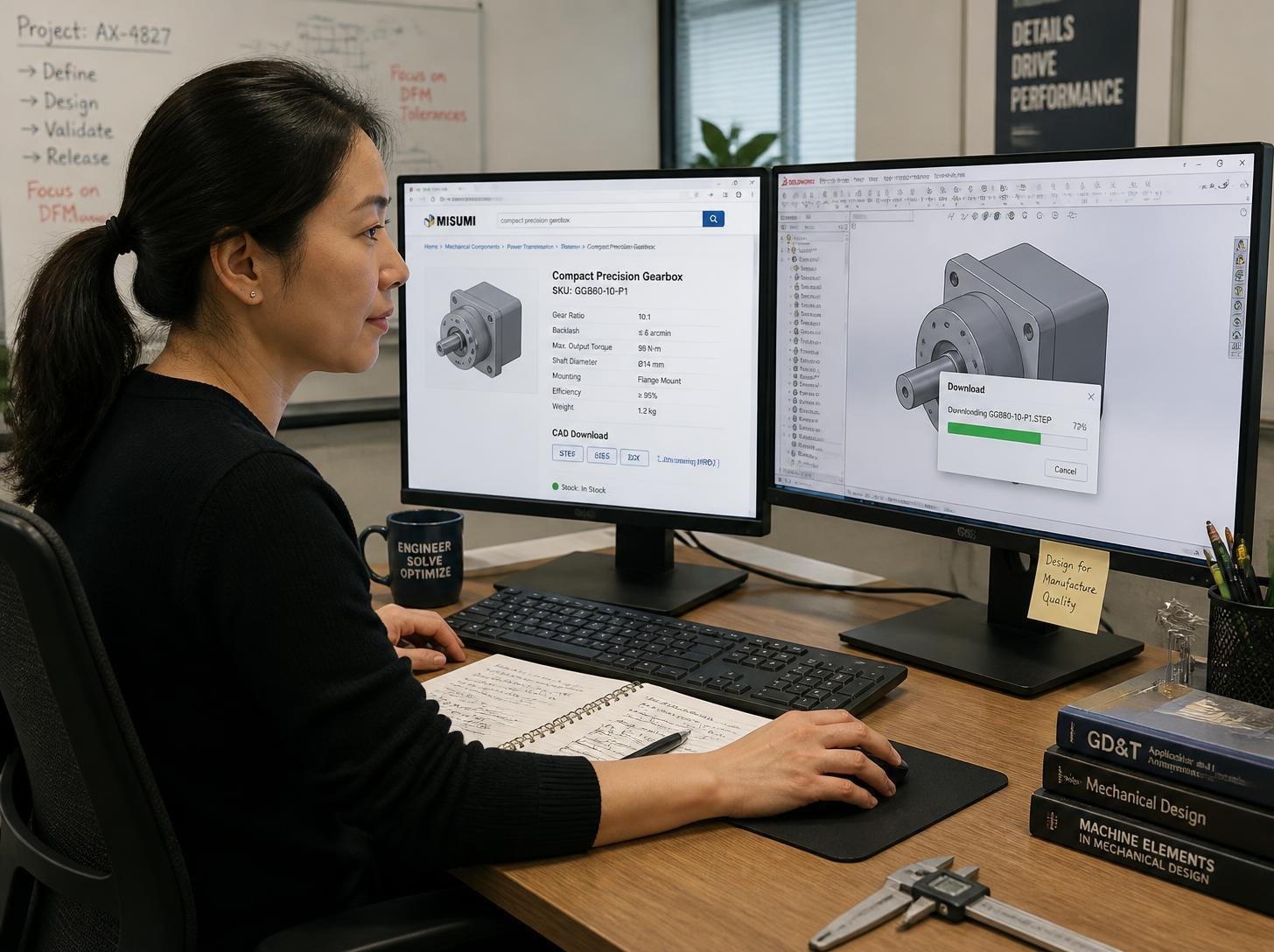 Chinese female Lead Design Engineer at a dual-monitor workstation, evaluating a technical spec sheet and downloading a CAD model found via organic search